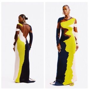 Hanifa Navy and Lime Abstract Maxi Dress